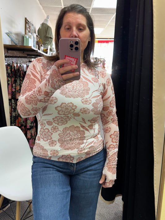 Brown Thumbhole Long Sleeve Floral Print Mesh Top