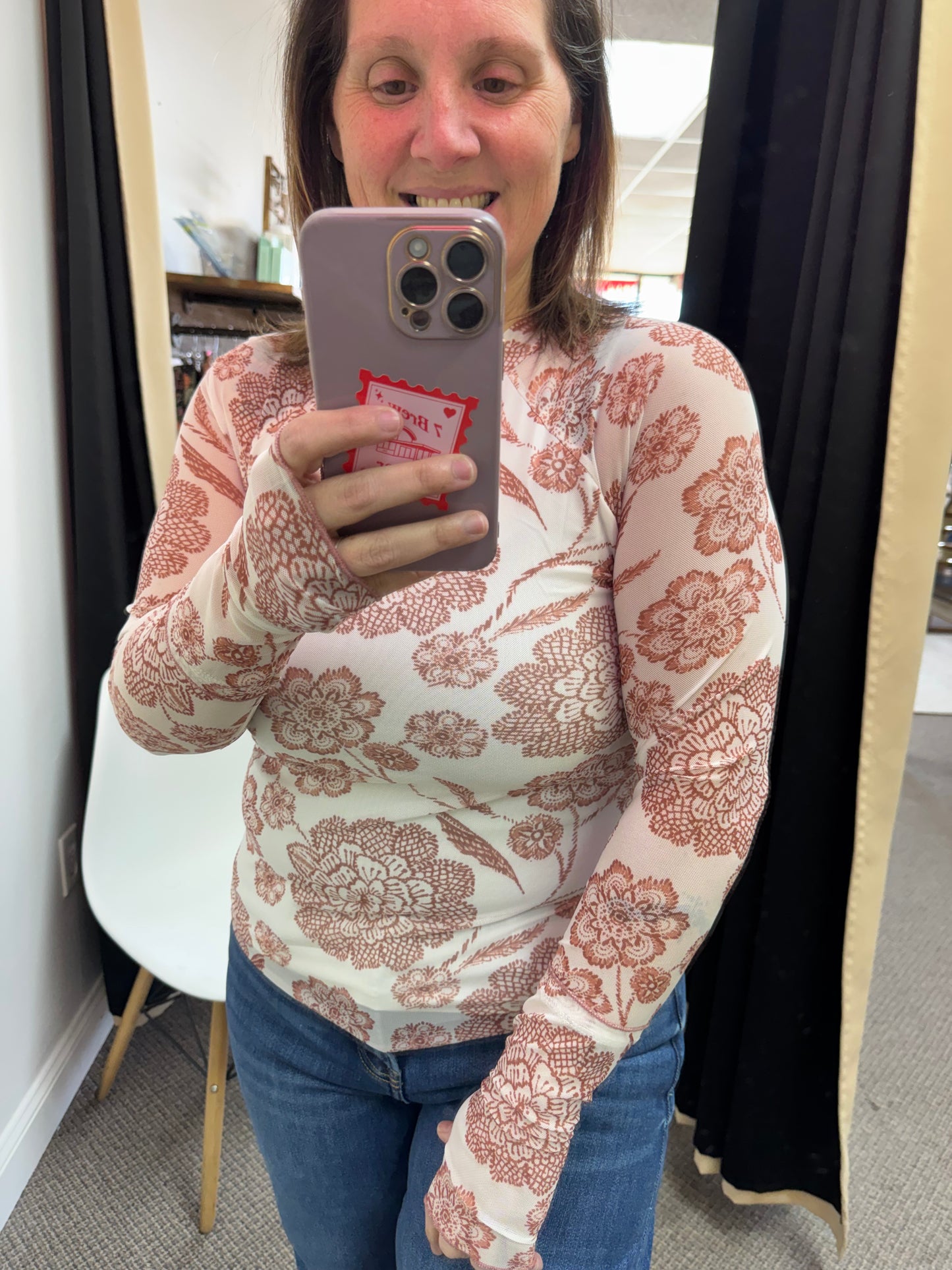 Brown Thumbhole Long Sleeve Floral Print Mesh Top