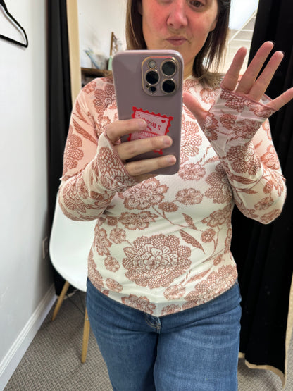 Brown Thumbhole Long Sleeve Floral Print Mesh Top