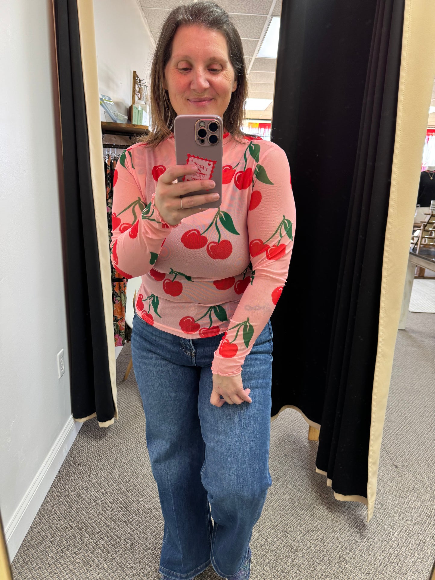 Pink Cherry Print Lettuce Trim Long Sleeve Mesh Top