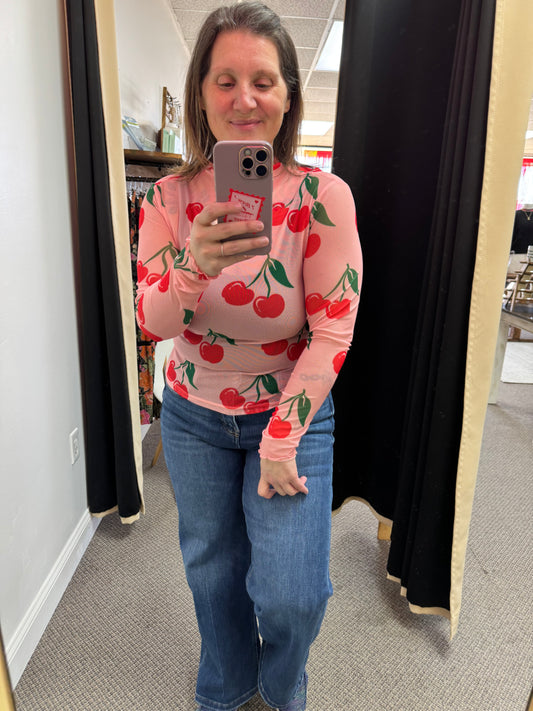 Pink Cherry Print Lettuce Trim Long Sleeve Mesh Top