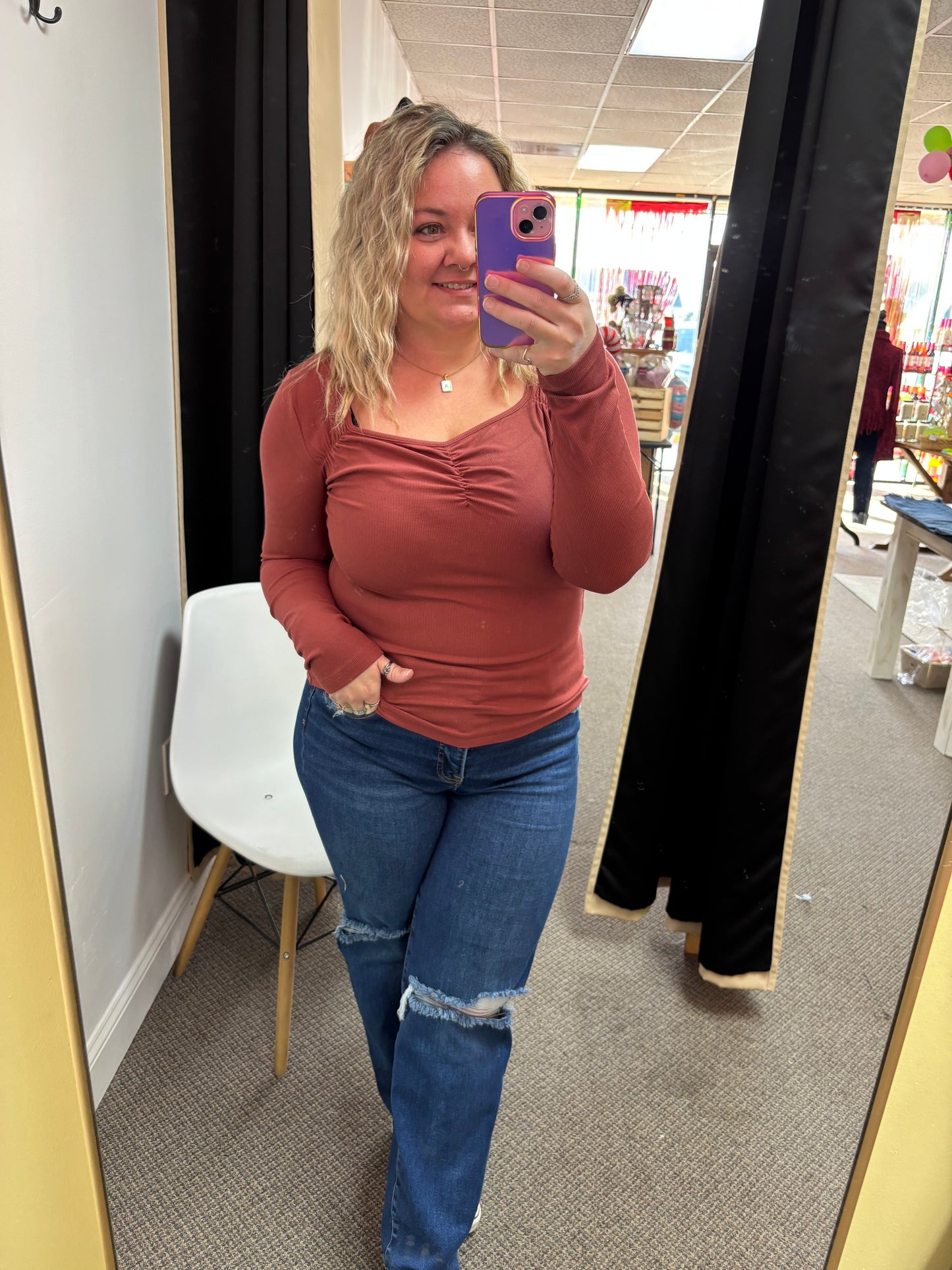 Burgundy Gathered Bust Square Neck Ribbed Fit Long Sleeve Top