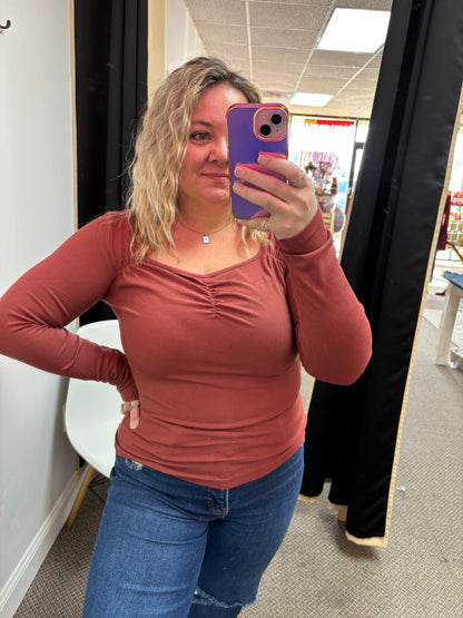 Burgundy Gathered Bust Square Neck Ribbed Fit Long Sleeve Top