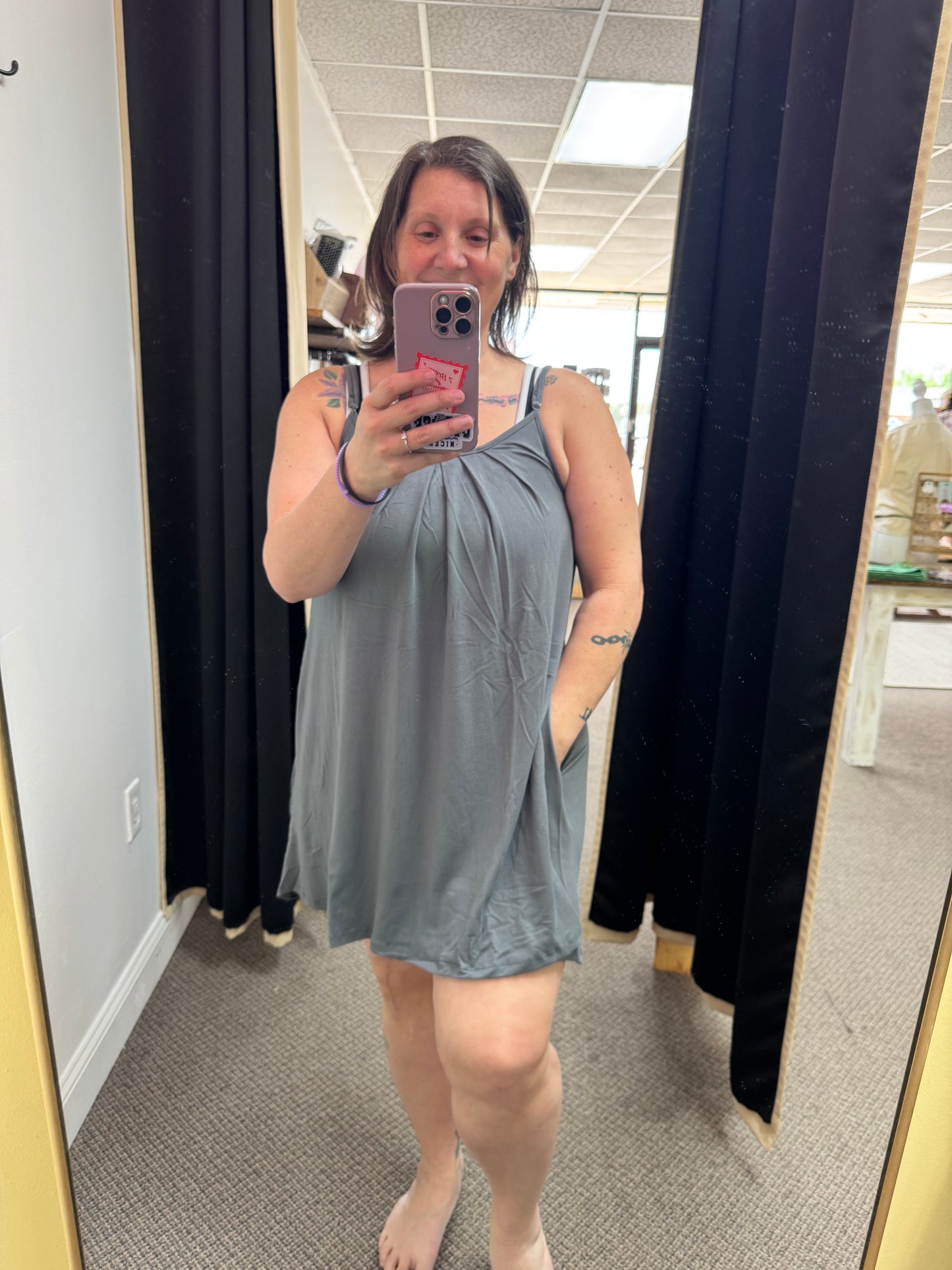 PLEATS Detailed Dress with Pockets and Adjustable Straps