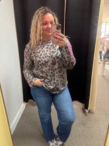 Green Leopard Print Varsity Striped Trim Long Sleeve Top