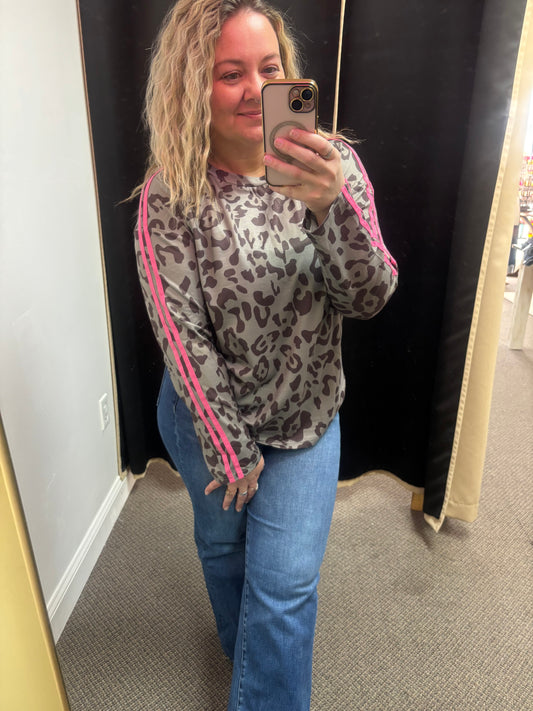 Green Leopard Print Varsity Striped Trim Long Sleeve Top