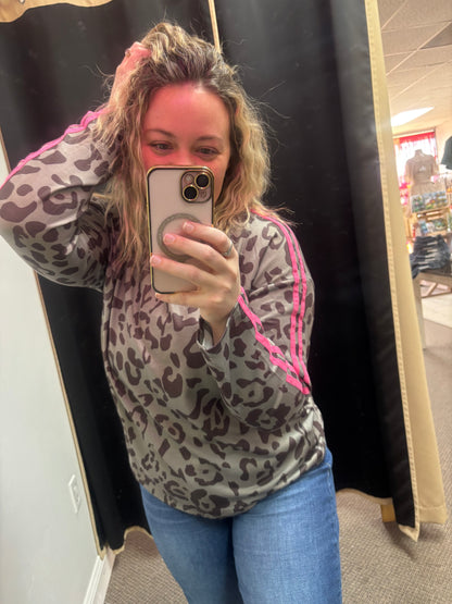 Green Leopard Print Varsity Striped Trim Long Sleeve Top