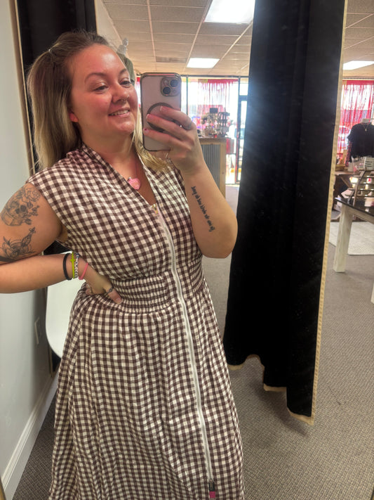 Coffee Plaid Print Full Zipper Cinched Waist Fit Flare Sleeveless Maxi Dress
