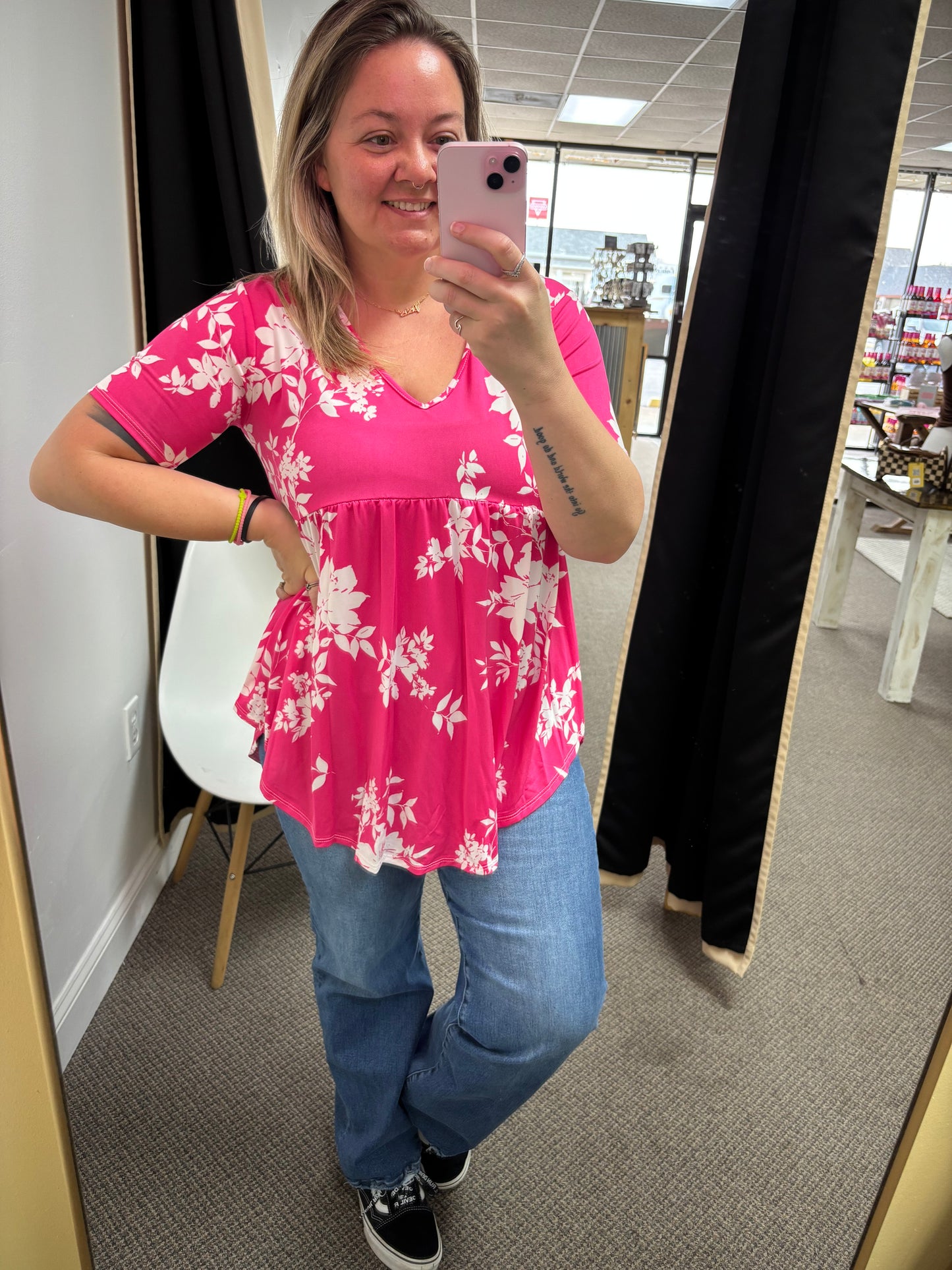 Short Sleeve V Neck Floral Print Babydoll Top