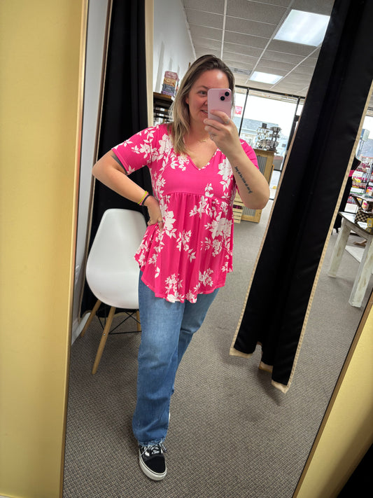 Short Sleeve V Neck Floral Print Babydoll Top