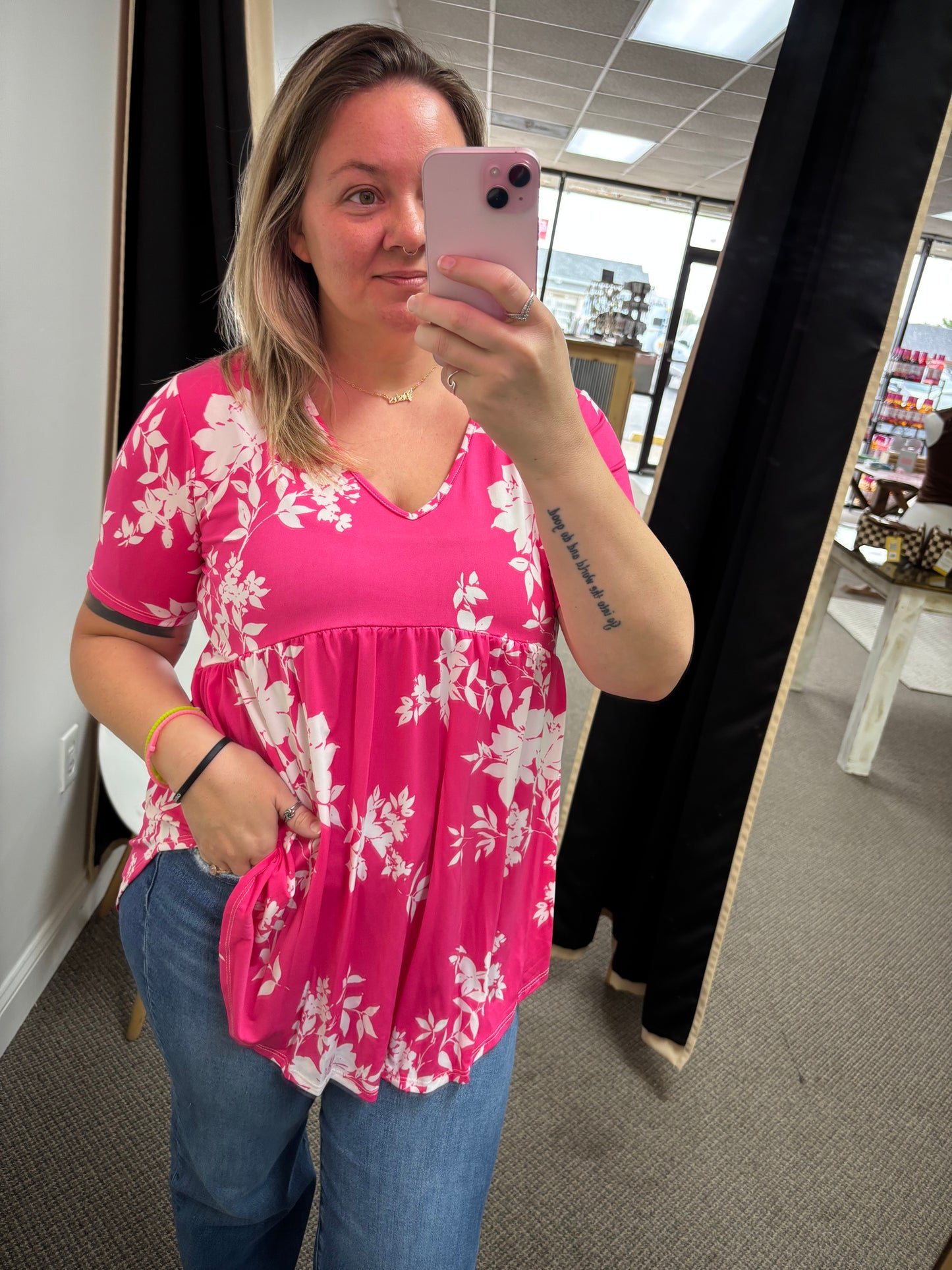 Short Sleeve V Neck Floral Print Babydoll Top
