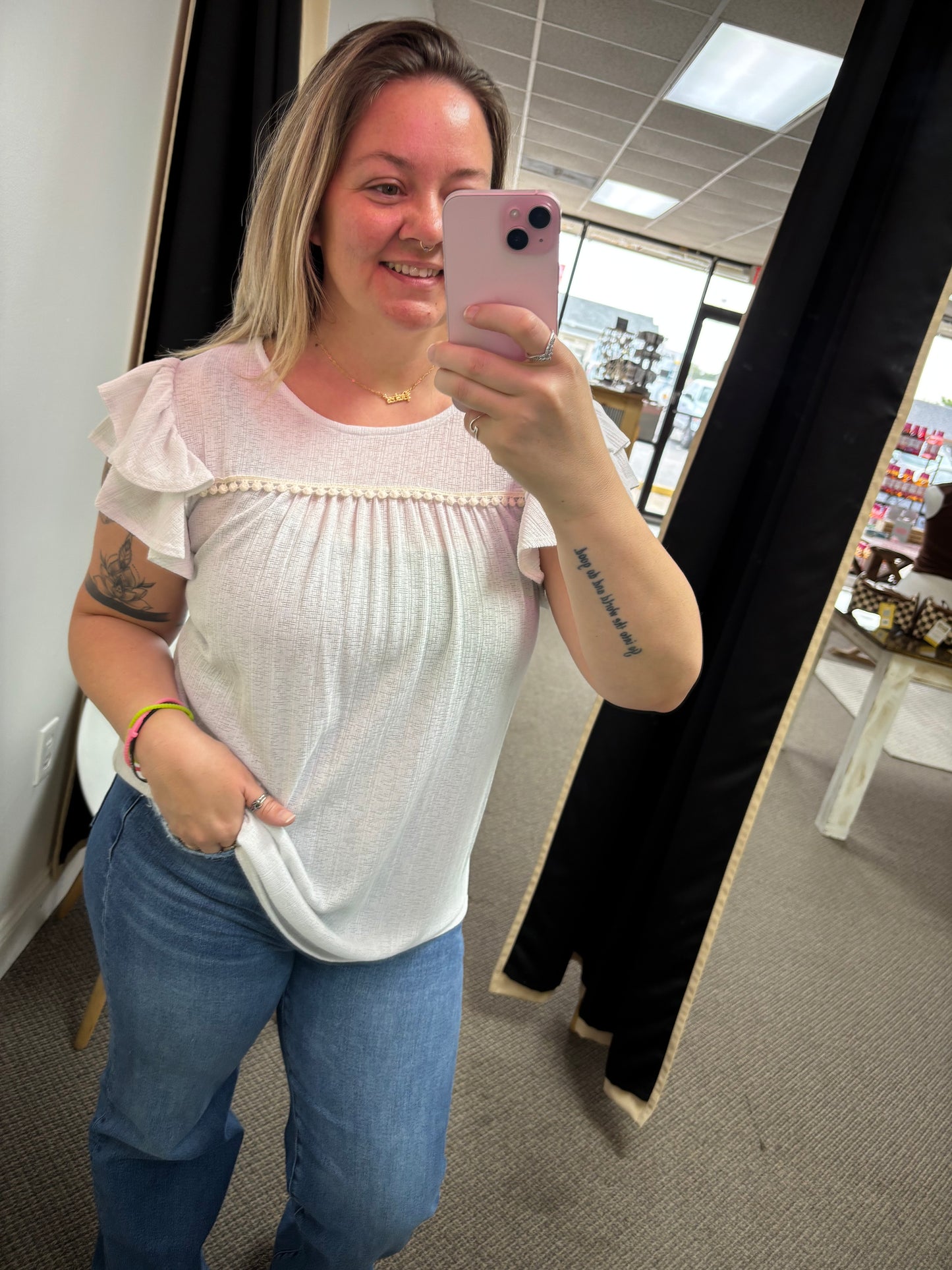 Ruffled Sleeve Solid Top With Pompom Lace