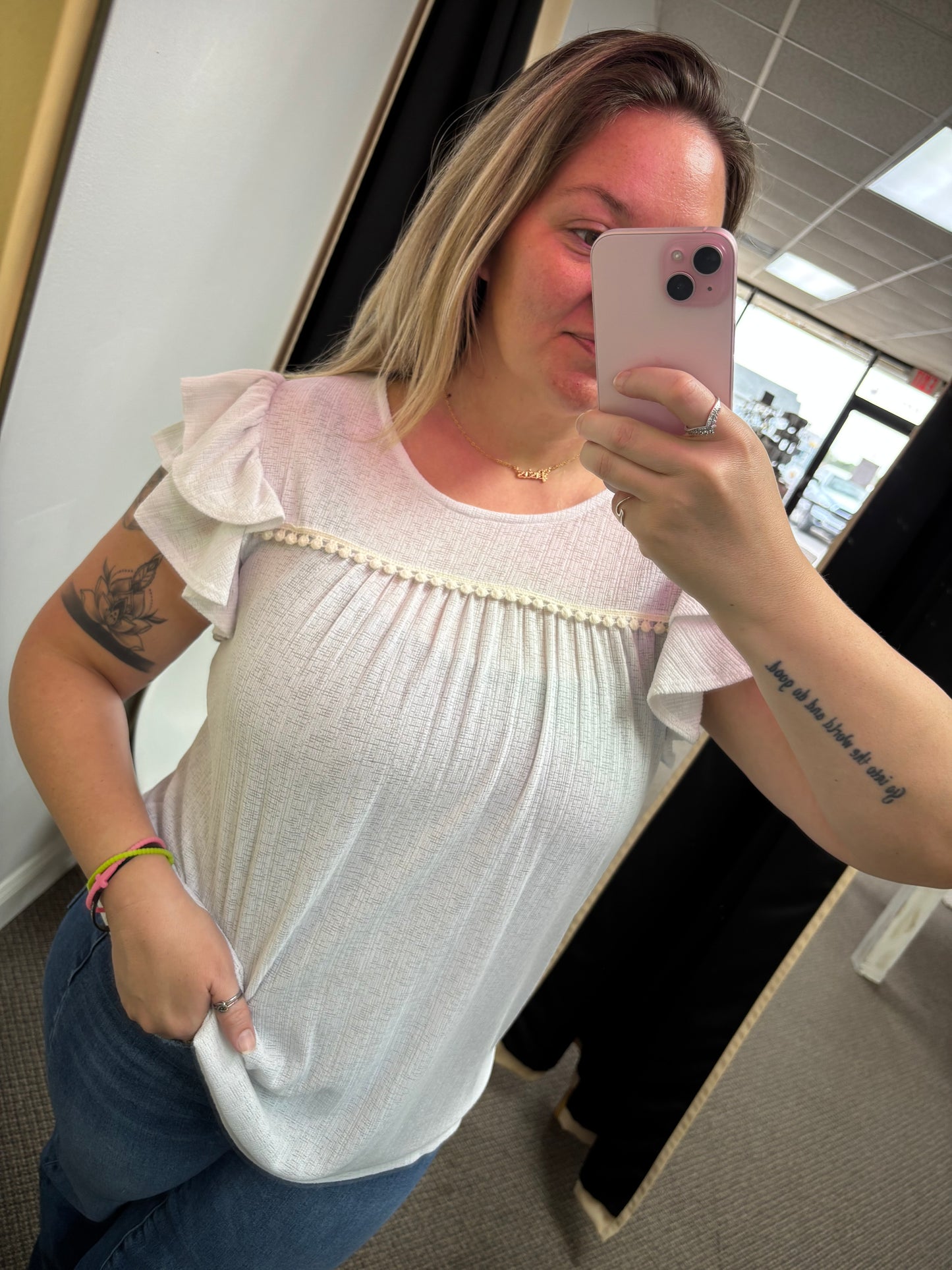 Ruffled Sleeve Solid Top With Pompom Lace