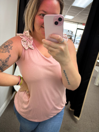 Sleeveless V Neck Solid Top With Floral Printed Ruffle Detail