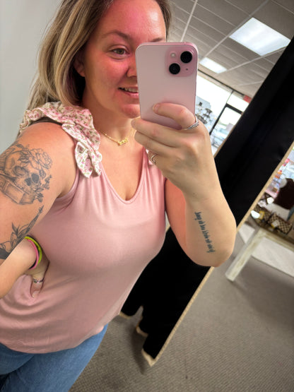 Sleeveless V Neck Solid Top With Floral Printed Ruffle Detail