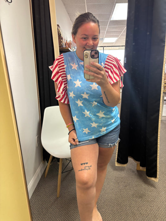 Flag Sleeve + Star Print Top