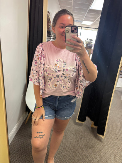 Pink Contrast Floral Patched Flowy Half Sleeve Blouse