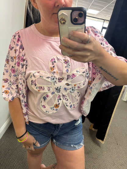 Pink Contrast Floral Patched Flowy Half Sleeve Blouse