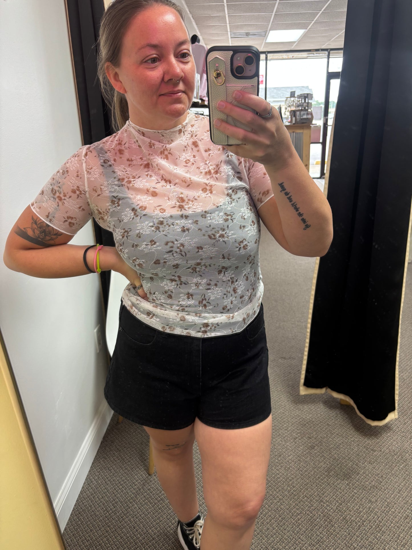 White Mock Neck Short Sleeve Floral Mesh Top