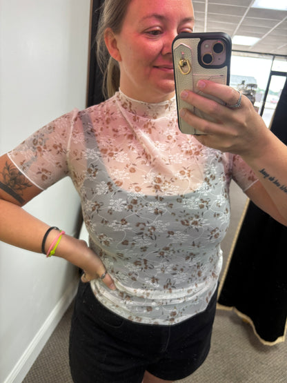 White Mock Neck Short Sleeve Floral Mesh Top