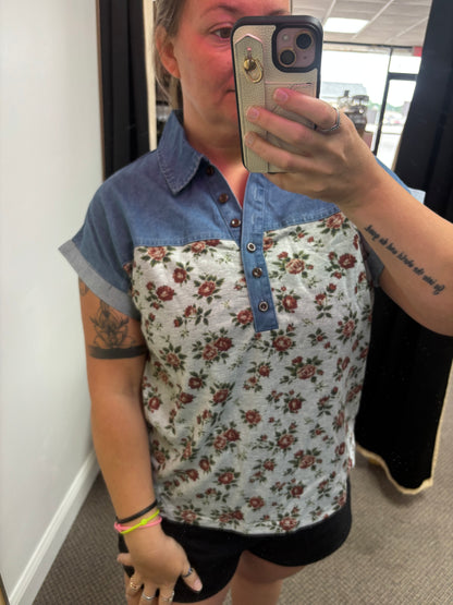 Gray Retro Floral Print Denim Patchwork Buttoned Polo Collar Top
