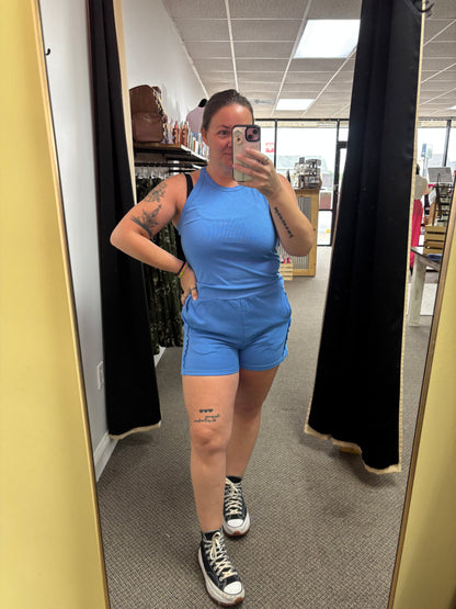 Sky Blue Slim Tank Top Elastic High Waist Shorts 2pcs Outfit