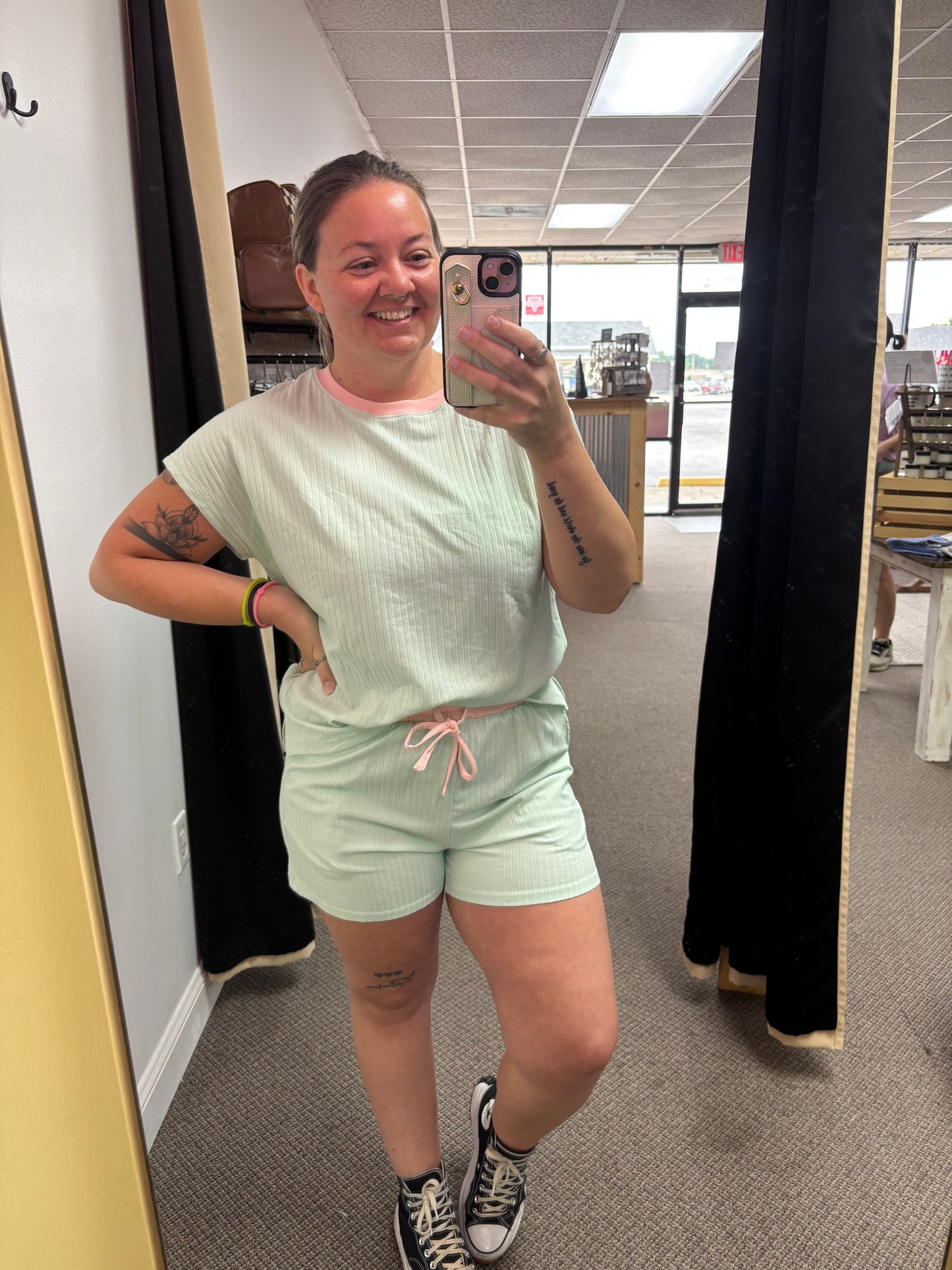Soft Ribbed Color Block Trim Casual Short Set