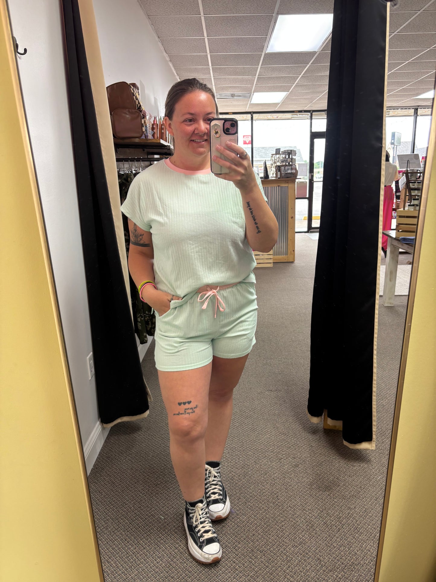 Soft Ribbed Color Block Trim Casual Short Set