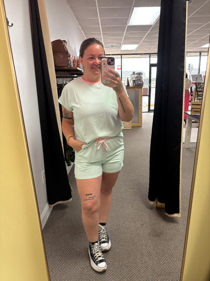 Soft Ribbed Color Block Trim Casual Short Set
