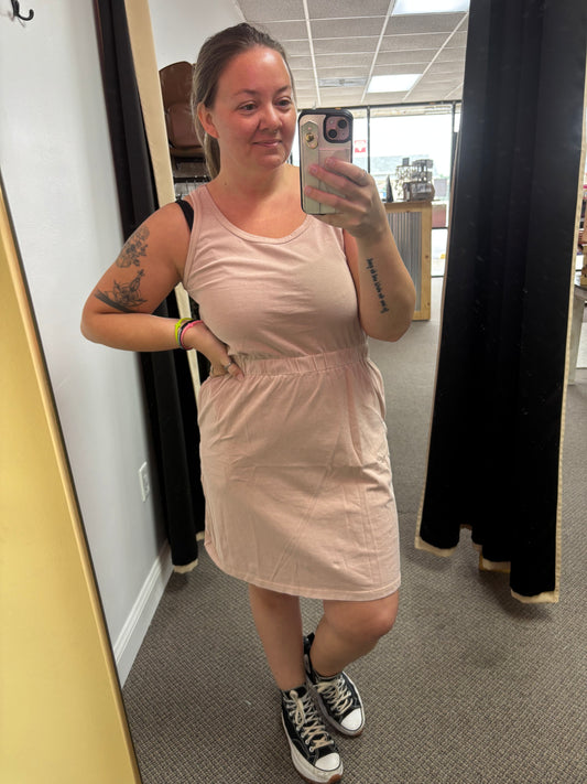 Smoke Gray Mineral Wash U Neck Elastic Waist Sleeveless Mini Dress