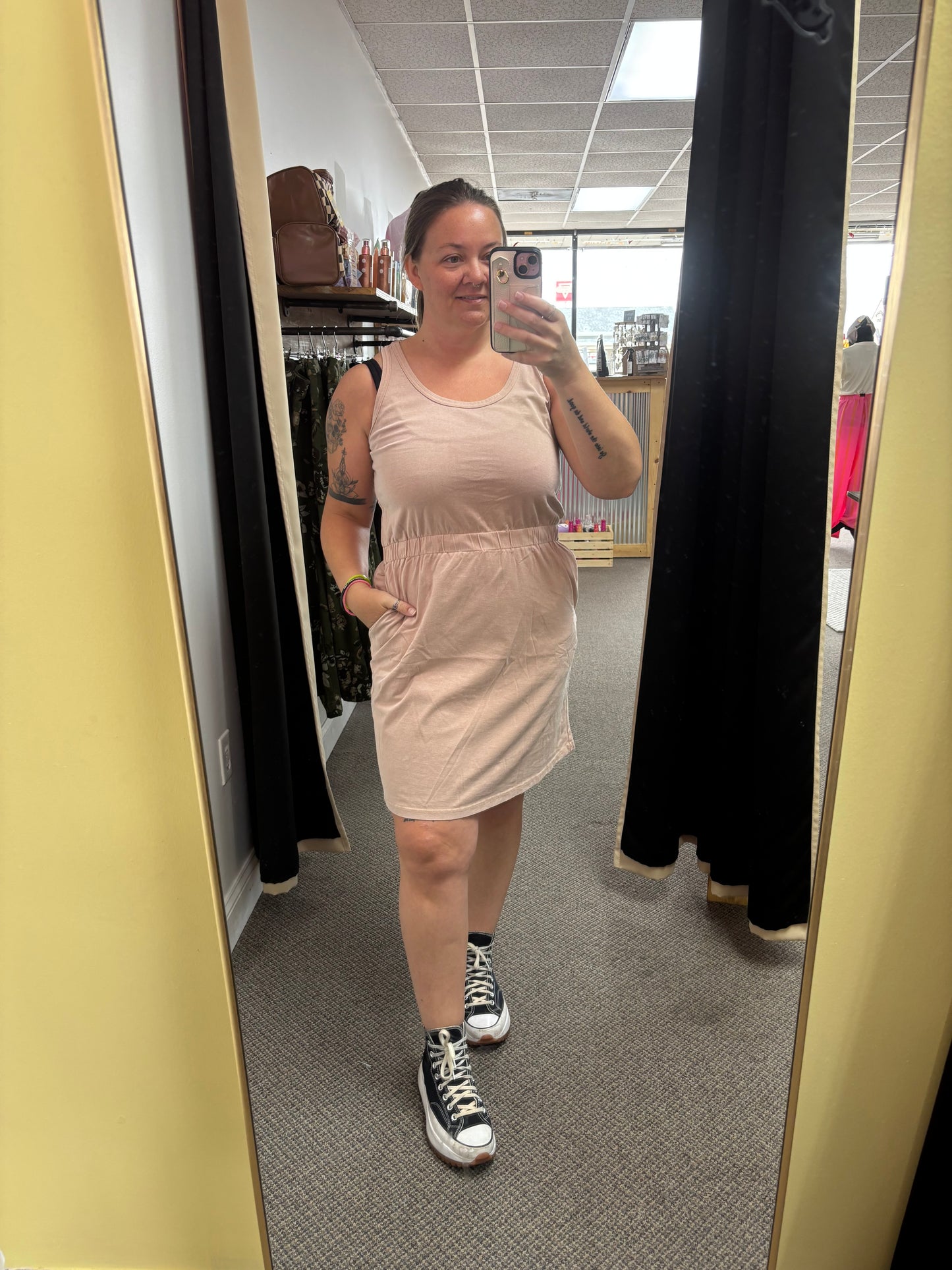 Smoke Gray Mineral Wash U Neck Elastic Waist Sleeveless Mini Dress