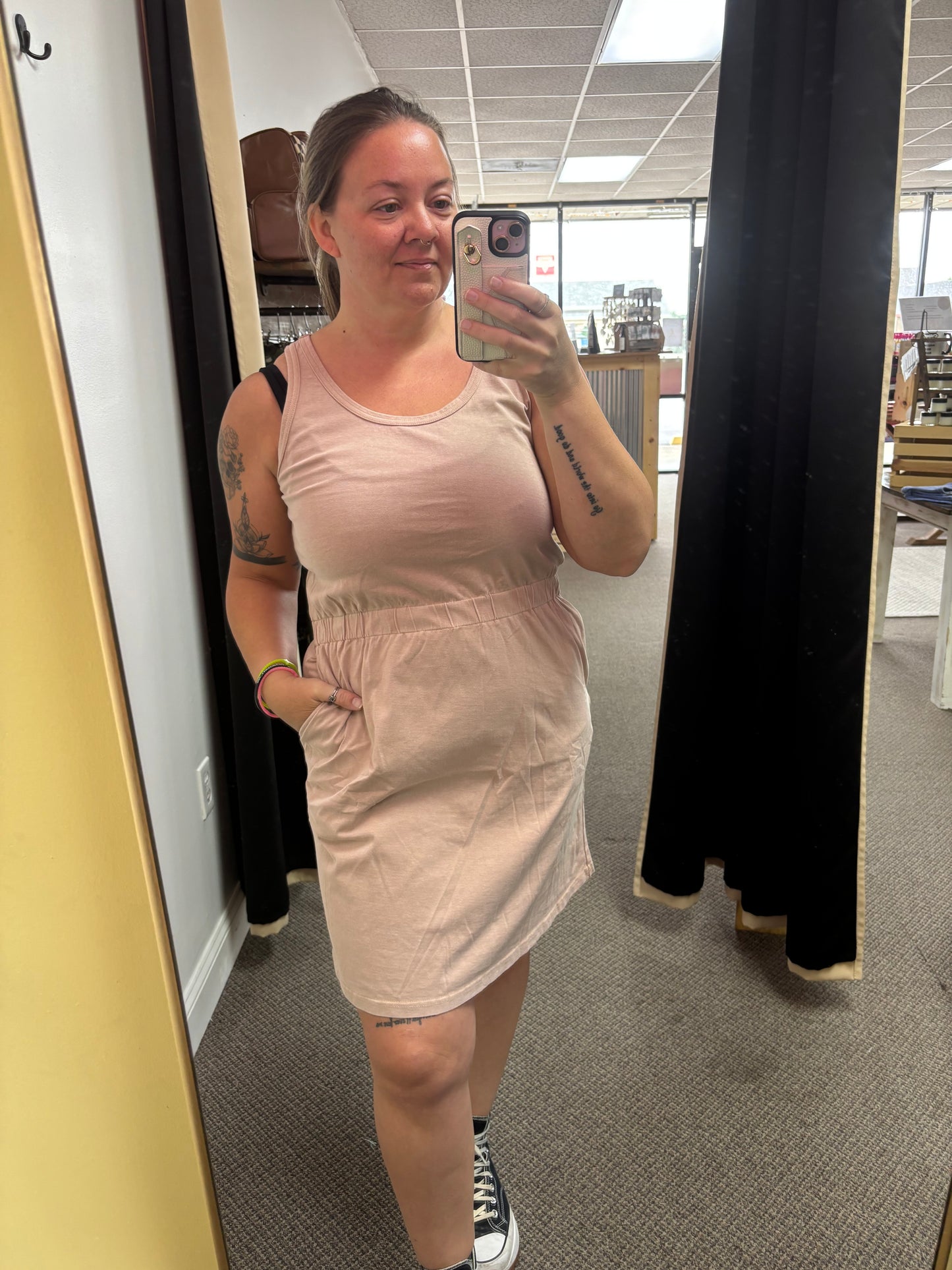 Smoke Gray Mineral Wash U Neck Elastic Waist Sleeveless Mini Dress