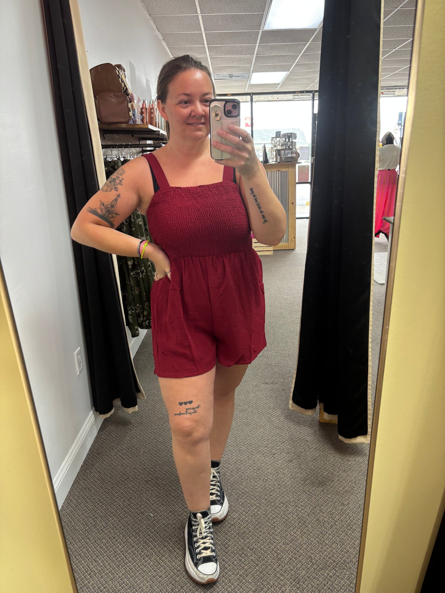 Burgundy Casual Pocketed Smocked Sleeveless Romper