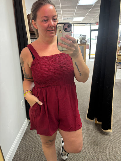 Burgundy Casual Pocketed Smocked Sleeveless Romper