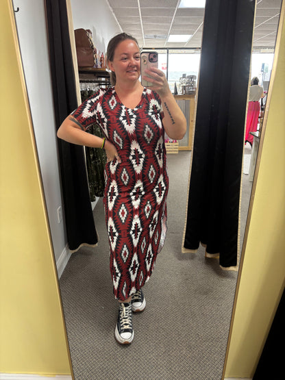 Red Western Aztec Printed Long T-shirt Dress