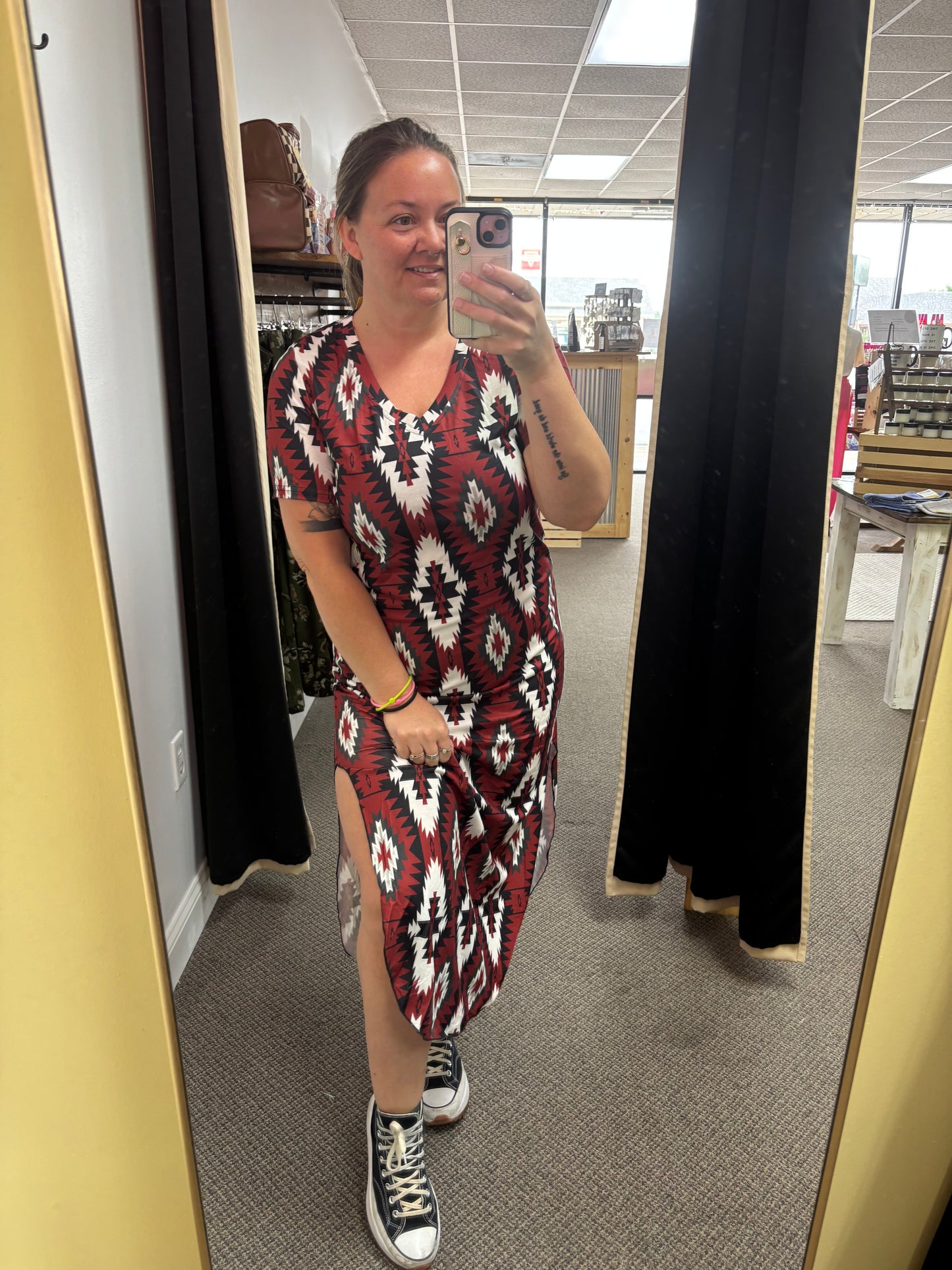 Red Western Aztec Printed Long T-shirt Dress