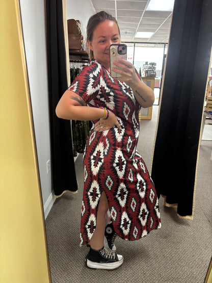Red Western Aztec Printed Long T-shirt Dress
