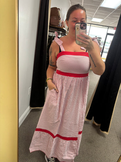 Red Stripe Bow Knot Straps Contrast Trim High Waist Ruffle Hem Maxi Dress