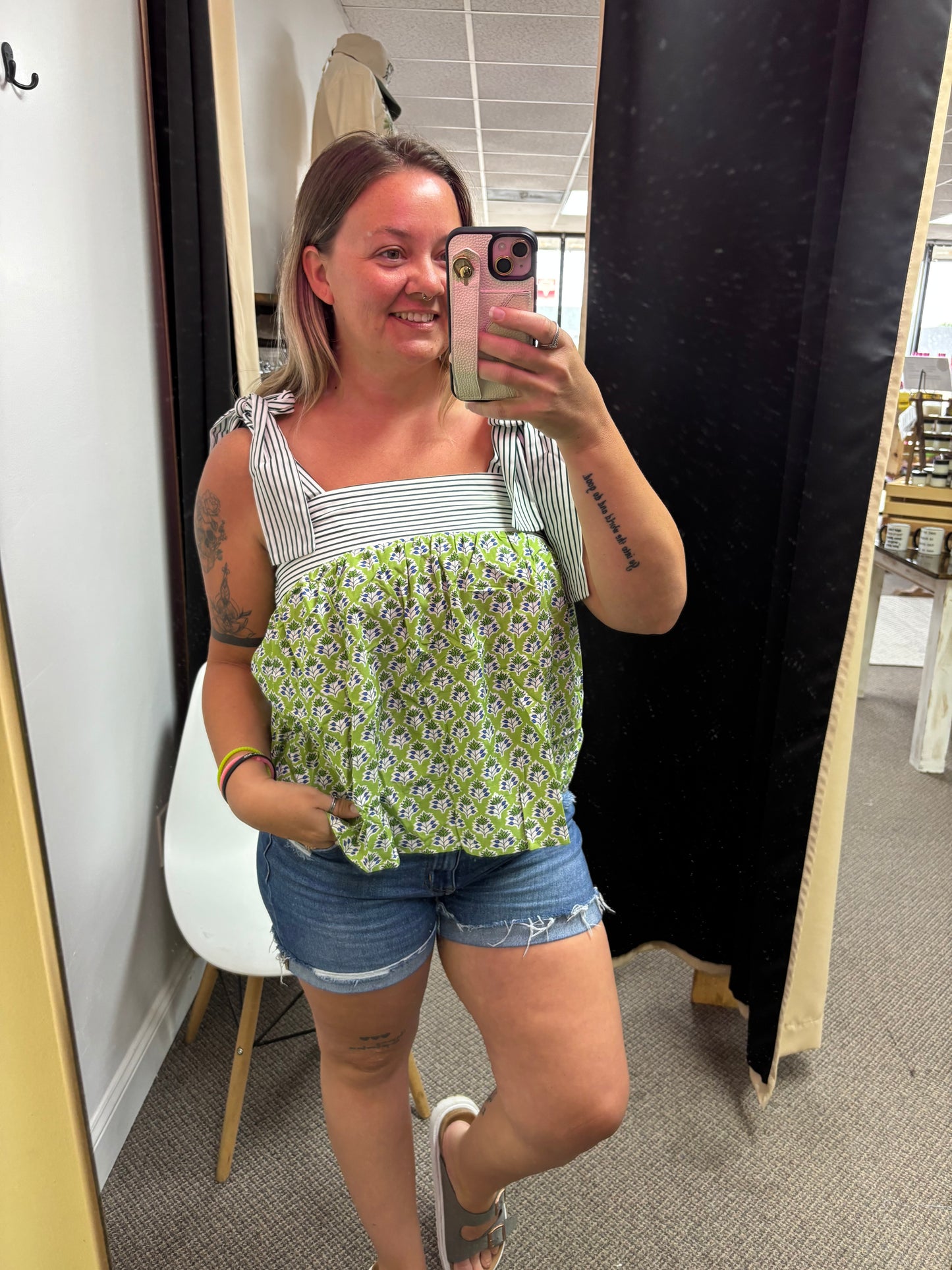 Green Floral Printed Knot Straps Babydoll Tank Top