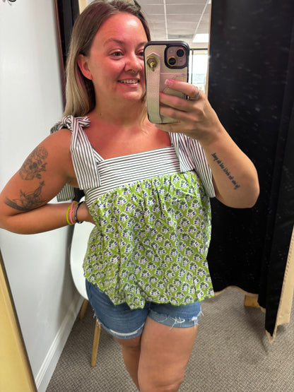 Green Floral Printed Knot Straps Babydoll Tank Top