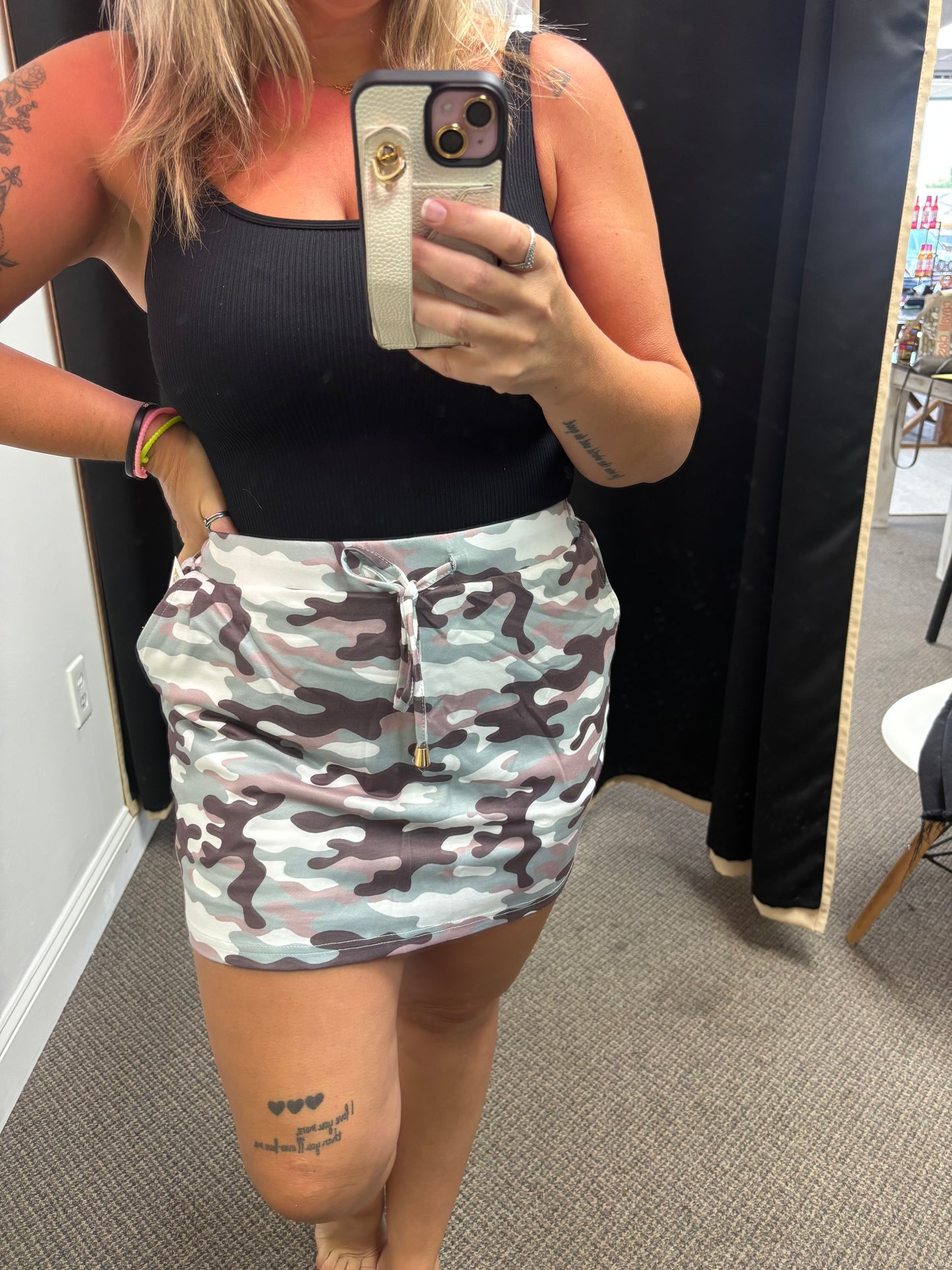 Green Camouflage Print Drawstring Casual Mini Skort