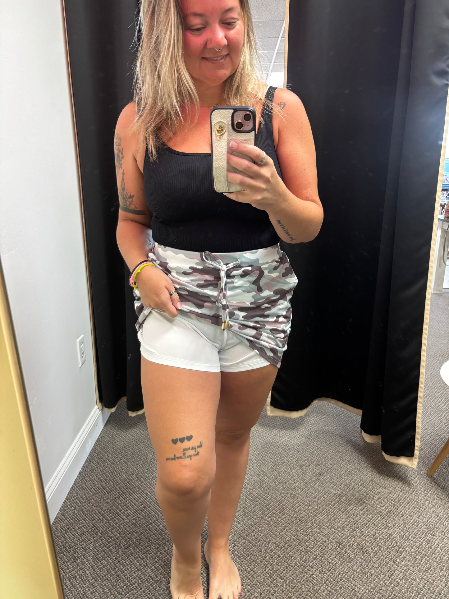 Green Camouflage Print Drawstring Casual Mini Skort