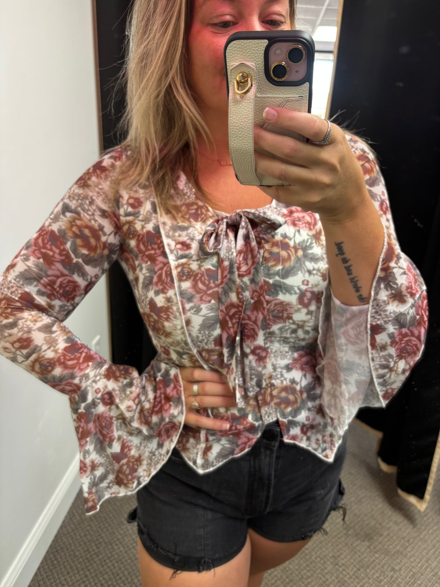 Red Floral Print Stitched Detail Tie V Neck Long Bell Sleeve Blouse