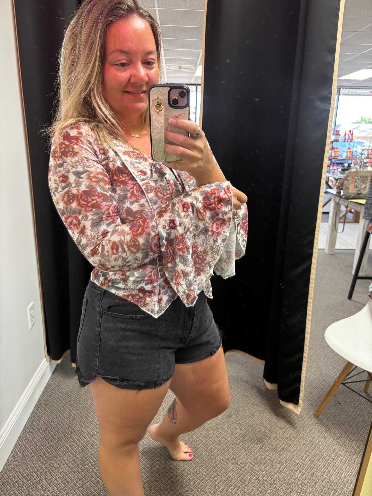 Red Floral Print Stitched Detail Tie V Neck Long Bell Sleeve Blouse