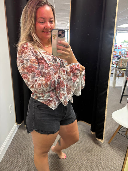 Red Floral Print Stitched Detail Tie V Neck Long Bell Sleeve Blouse