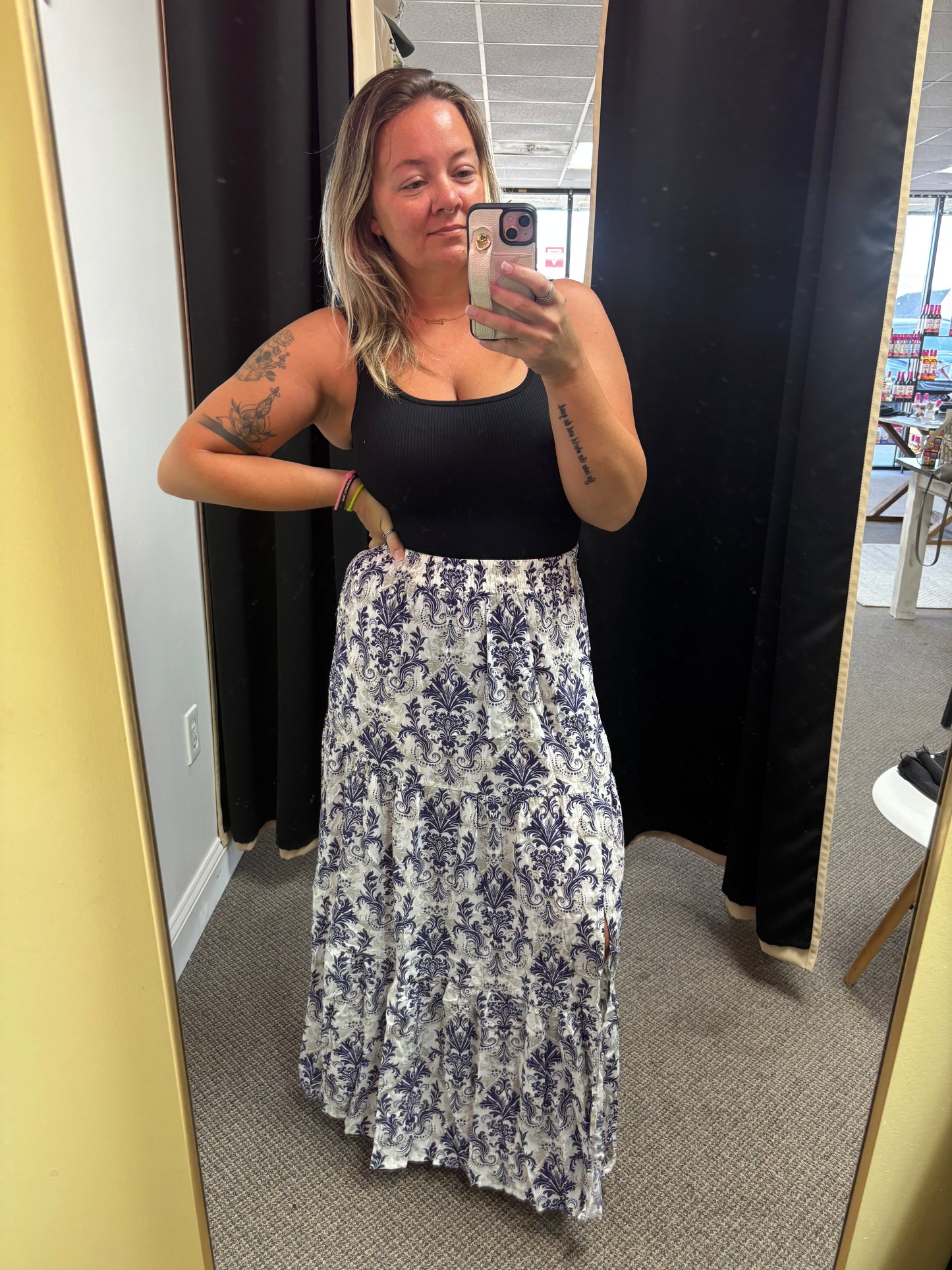 Blue Bohemian Floral Print Tiered Maxi Skirt with Split