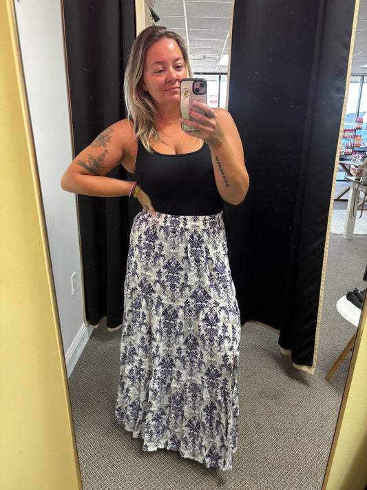 Blue Bohemian Floral Print Tiered Maxi Skirt with Split