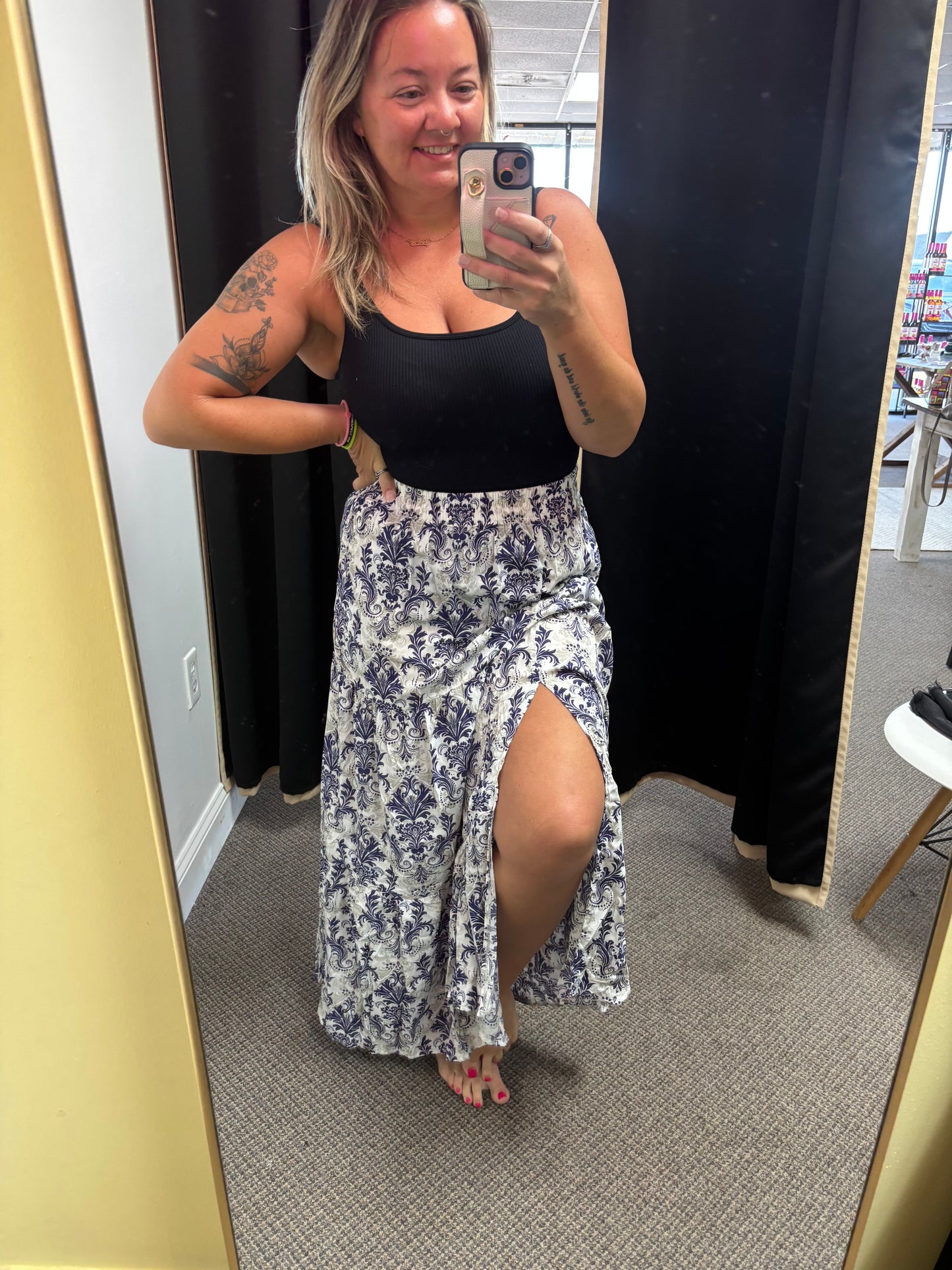 Blue Bohemian Floral Print Tiered Maxi Skirt with Split