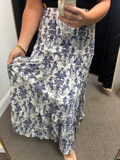 Blue Bohemian Floral Print Tiered Maxi Skirt with Split