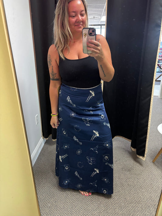 Navy Blue Western Print Satin Long Skirt